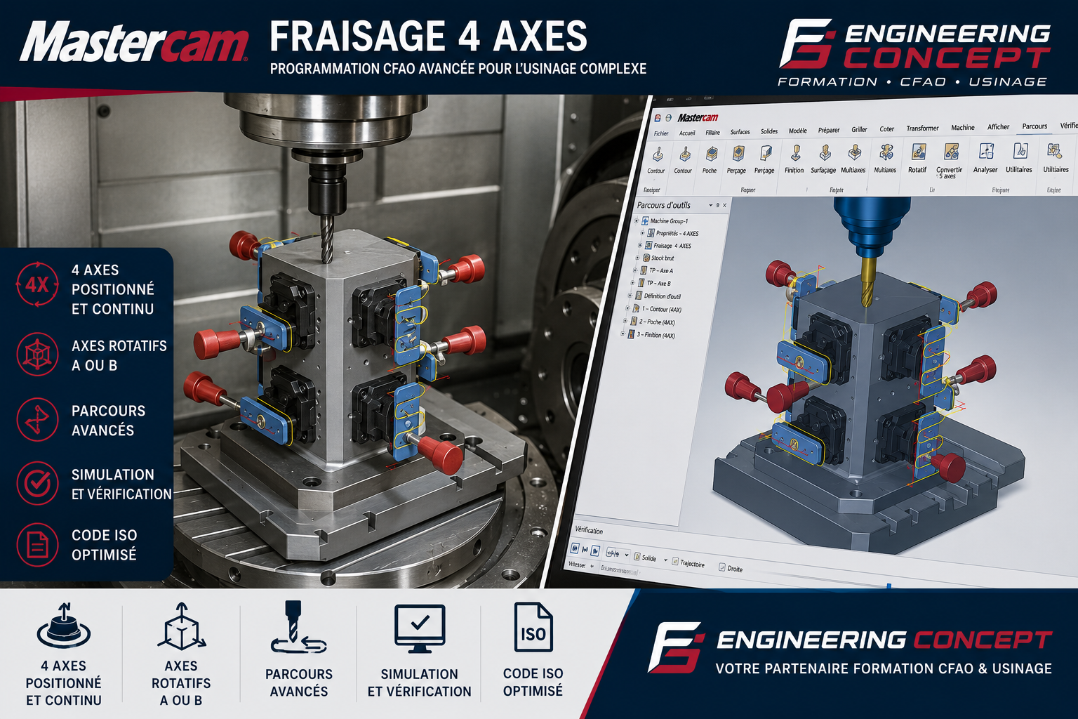 Formation Mastercam 4 axes – CFAO, fraisage multi-axes, usinage CNC avancé